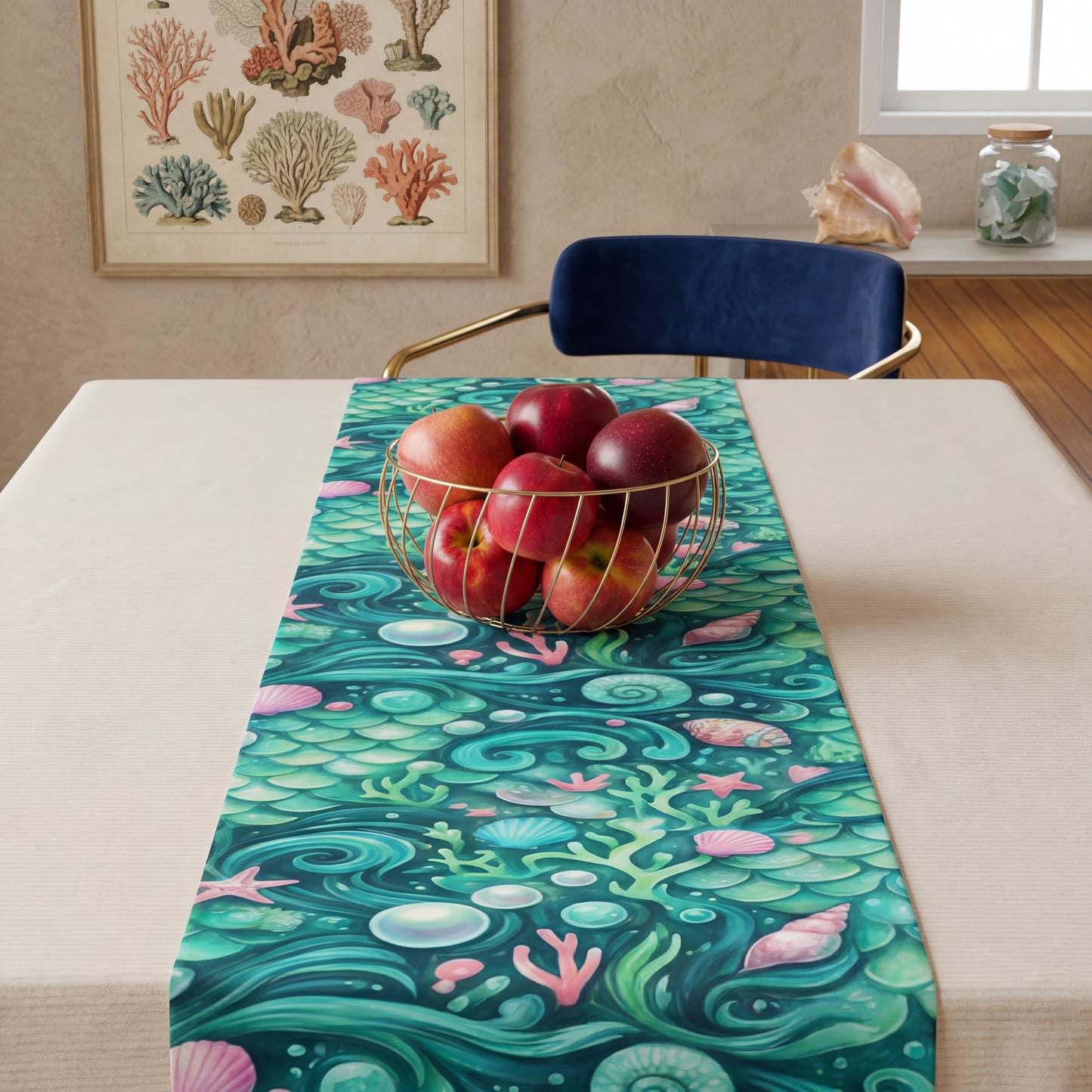 Ocean Mermaid Table Runner | Seashell & Starfish Coastal Dining Decor