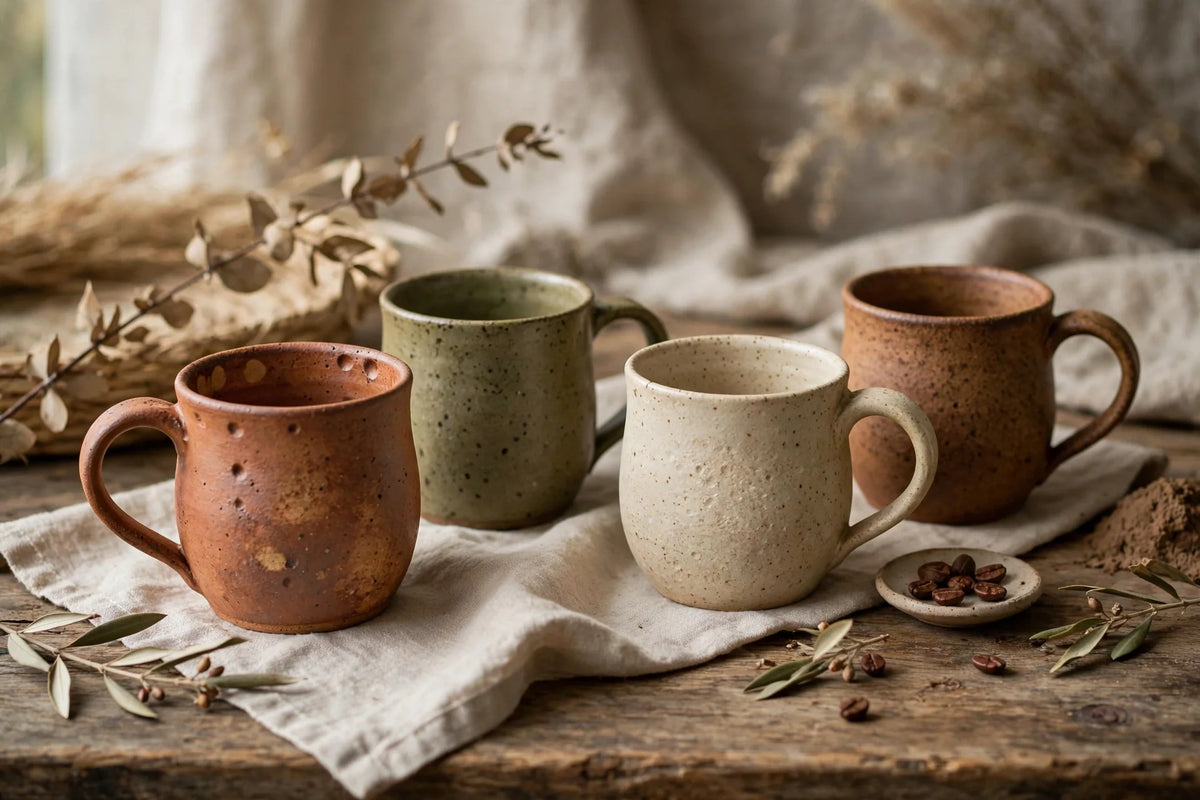Handcrafted ceramic mugs arranged on a rustic wooden table with soft lighting.