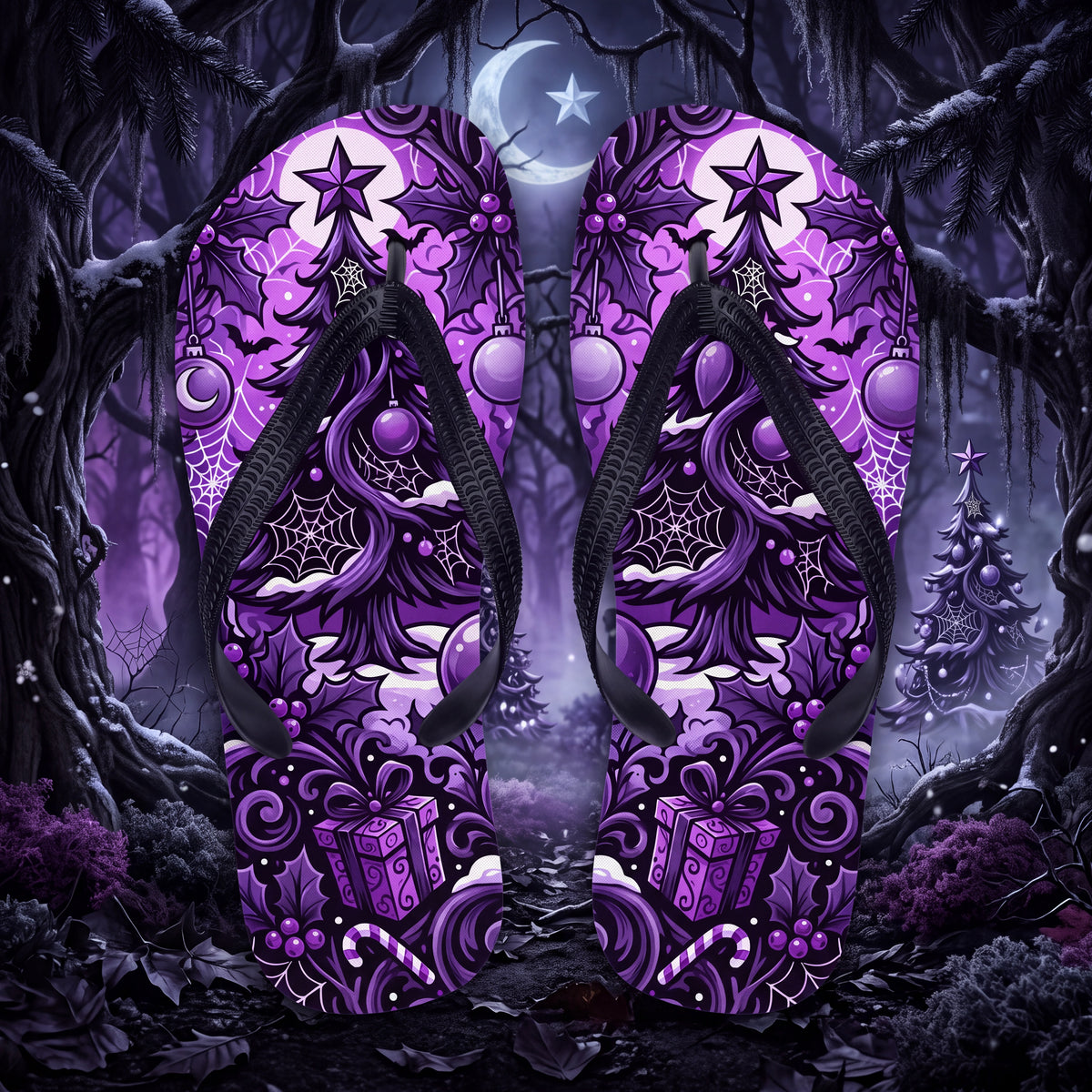 Purple Gothmas Flip Flops | Gothic Christmas Spooky Holiday Sandals