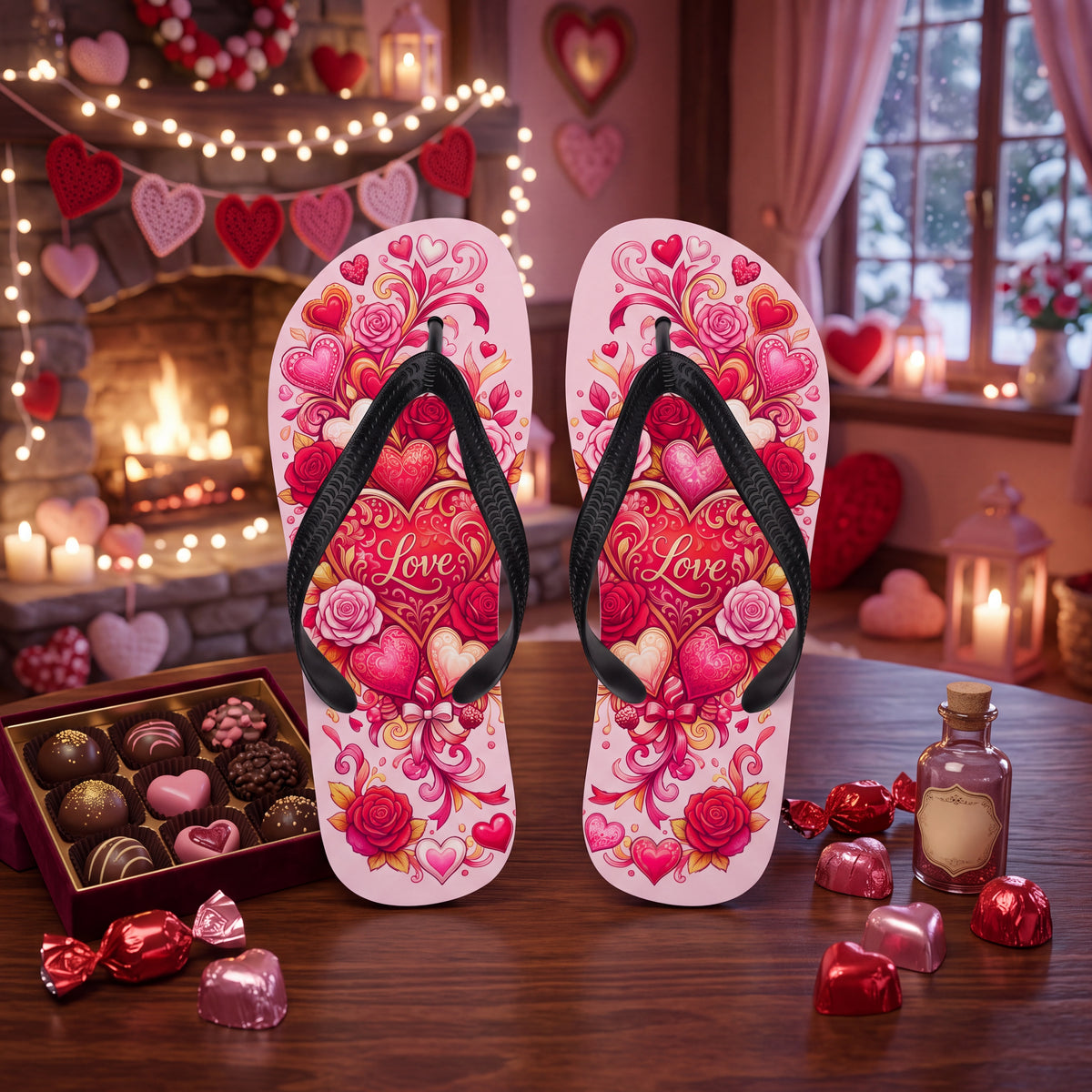 Valentine's Day Flip Flops – Pink Hearts and Roses Love Sandals