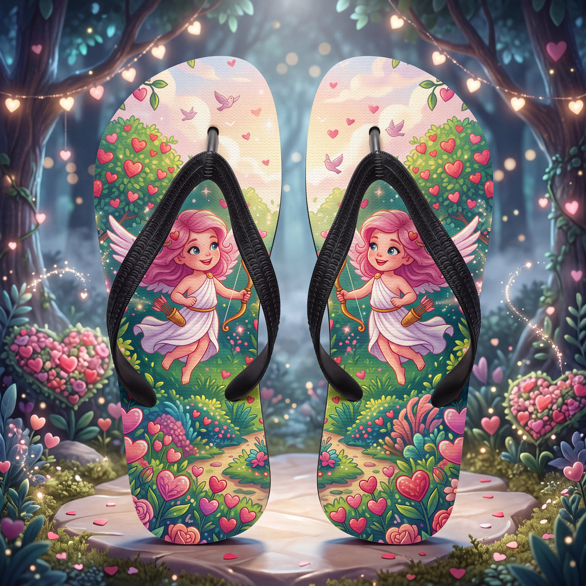 Cupid Girl Flip Flops - Pink Heart Garden Valentine Sandals