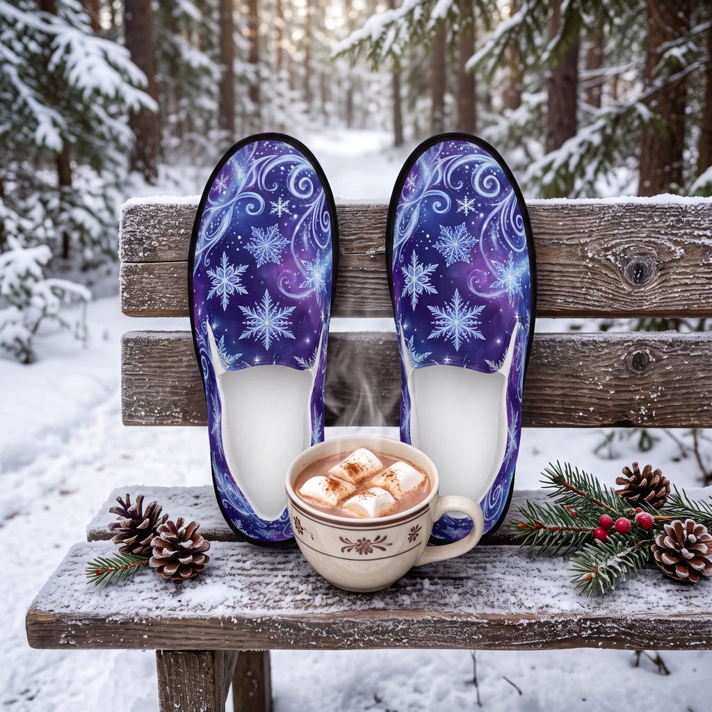 Women’s Winter Snowflake Slip-On Shoes – Purple Celestial Canvas Sneakers with Moon, Stars & Icy Swirls
