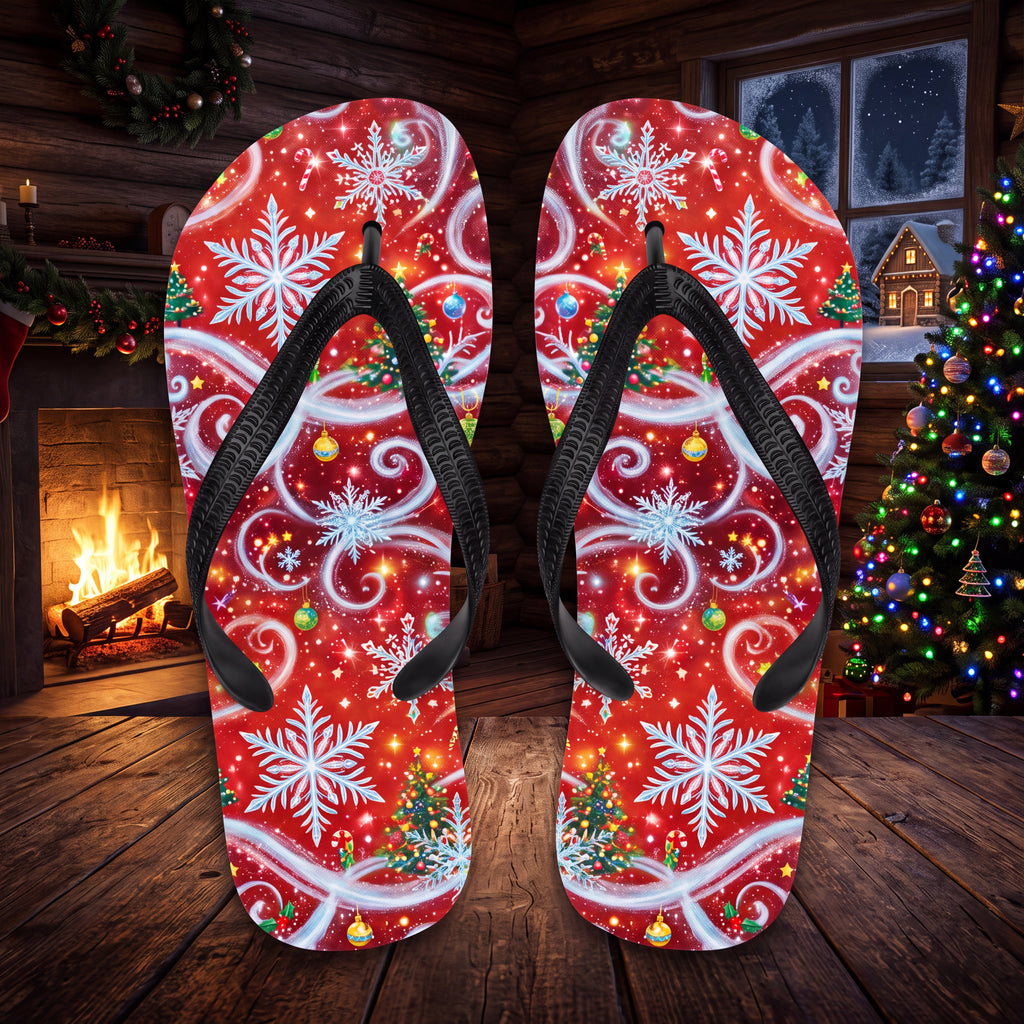 Christmas Snowflake Flip Flops | Red Festive Swirl Holiday Sandals