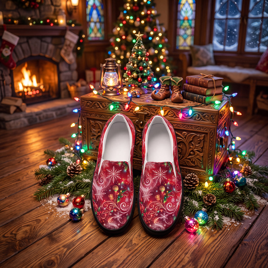 Women's Red Christmas Slip-On Shoes – Festive Snowflake & Gold Swirl Canvas Sneakers