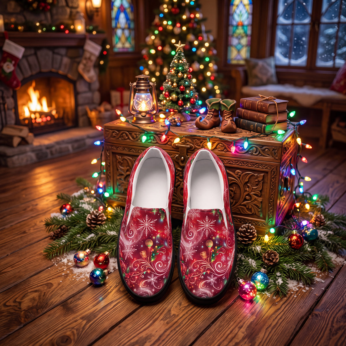 Women's Red Christmas Slip-On Shoes – Festive Snowflake & Gold Swirl Canvas Sneakers