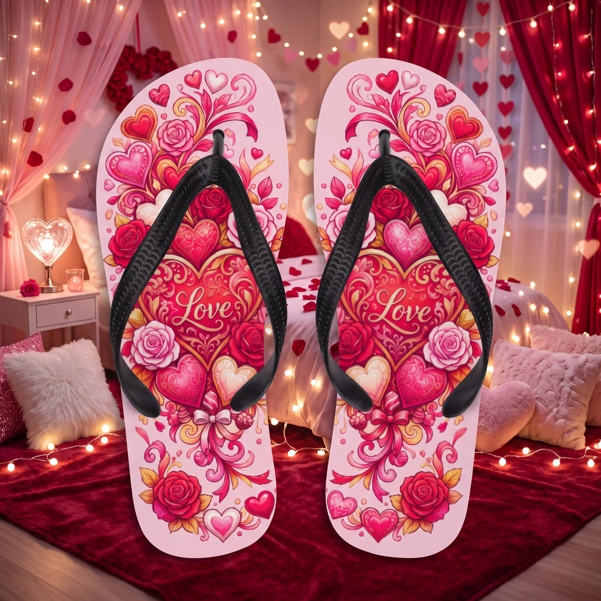 Valentine's Day Flip Flops – Pink Hearts and Roses Love Sandals