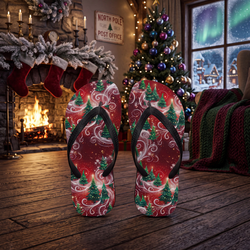 Christmas Tree Flip Flops | Red & Green Snowy Holiday Sandals