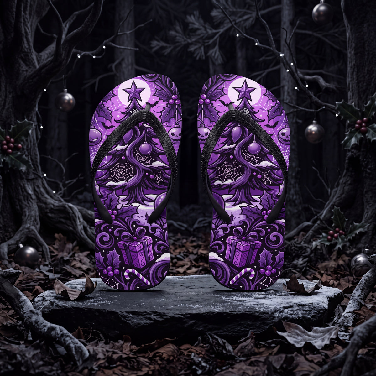 Purple Gothmas Flip Flops | Gothic Christmas Spooky Holiday Sandals