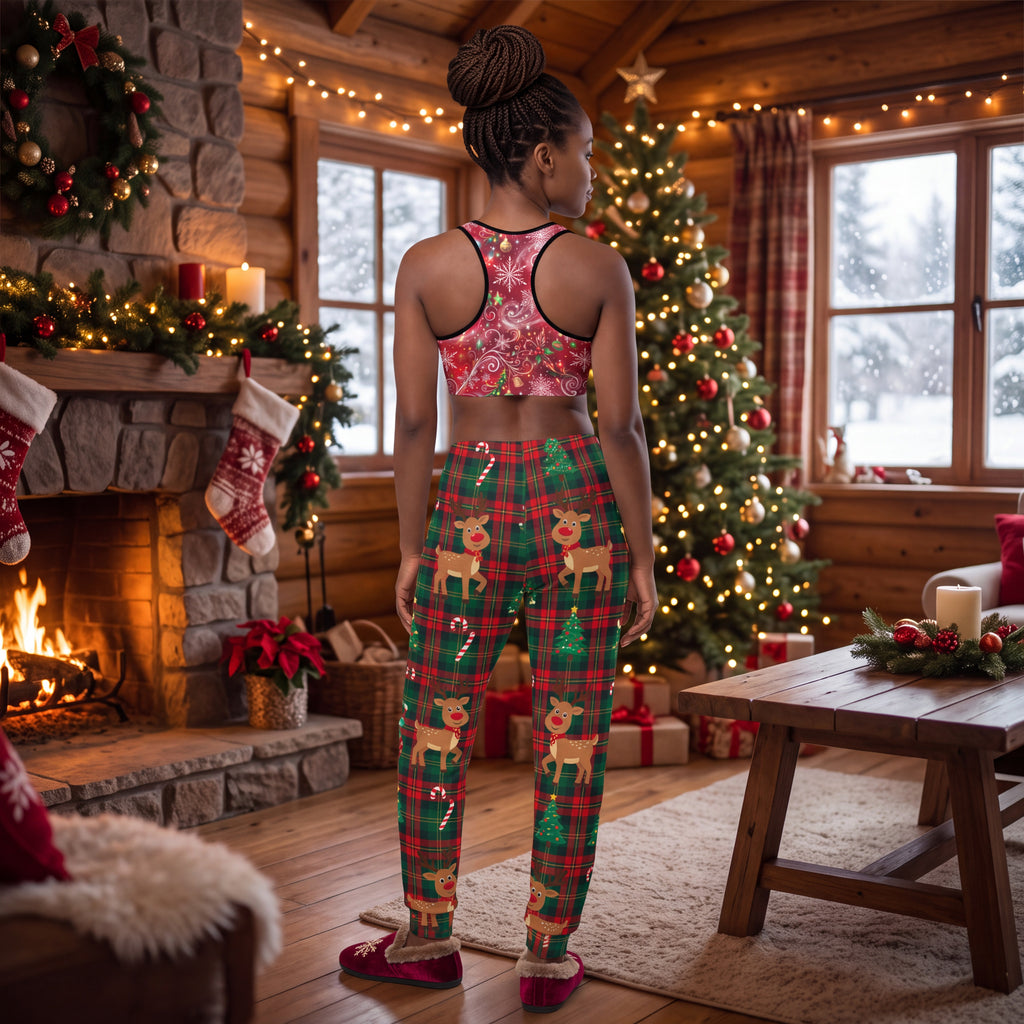 Christmas Snowflake Padded Sports Bra – Red Festive Swirl Racerback Workout Top