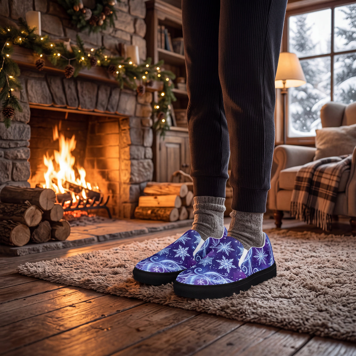 Women’s Winter Snowflake Slip-On Shoes – Purple Celestial Canvas Sneakers with Moon, Stars & Icy Swirls