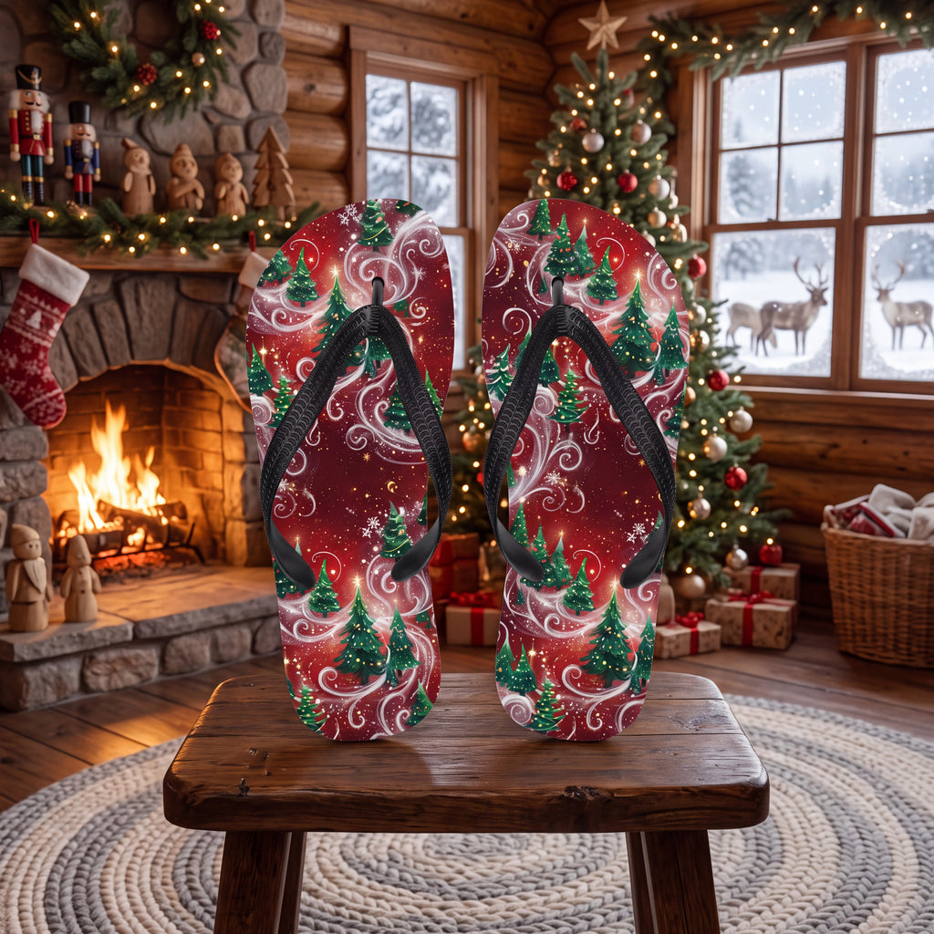 Christmas Tree Flip Flops | Red & Green Snowy Holiday Sandals
