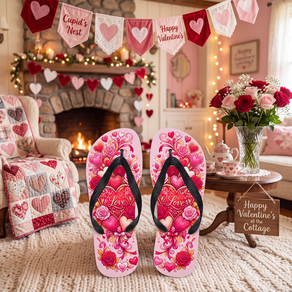 Valentine's Day Flip Flops – Pink Hearts and Roses Love Sandals