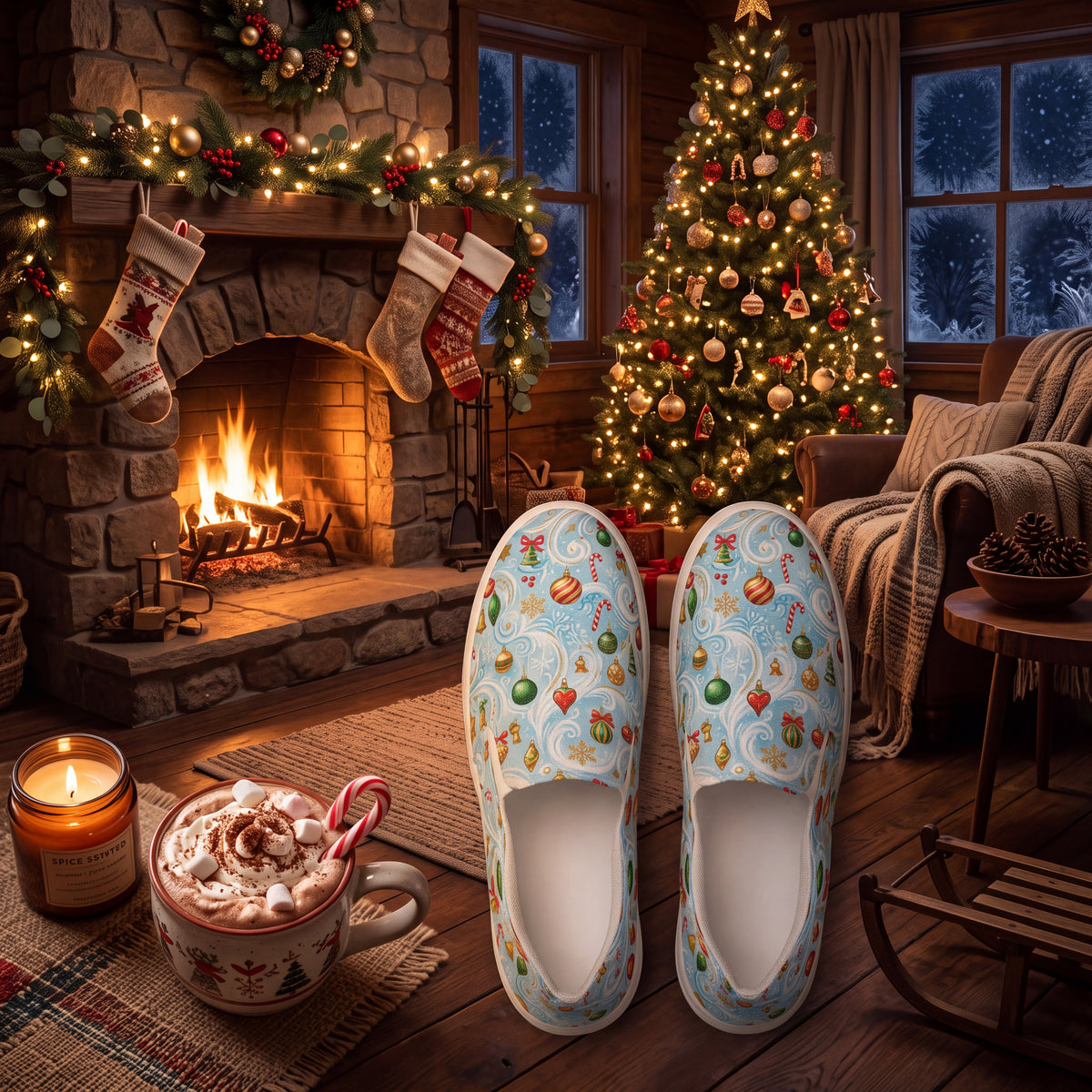 Women's Christmas Ornament Slip-On Shoes | Festive Blue Holiday Canvas Sneakers with Colorful Baubles & Snowflakes