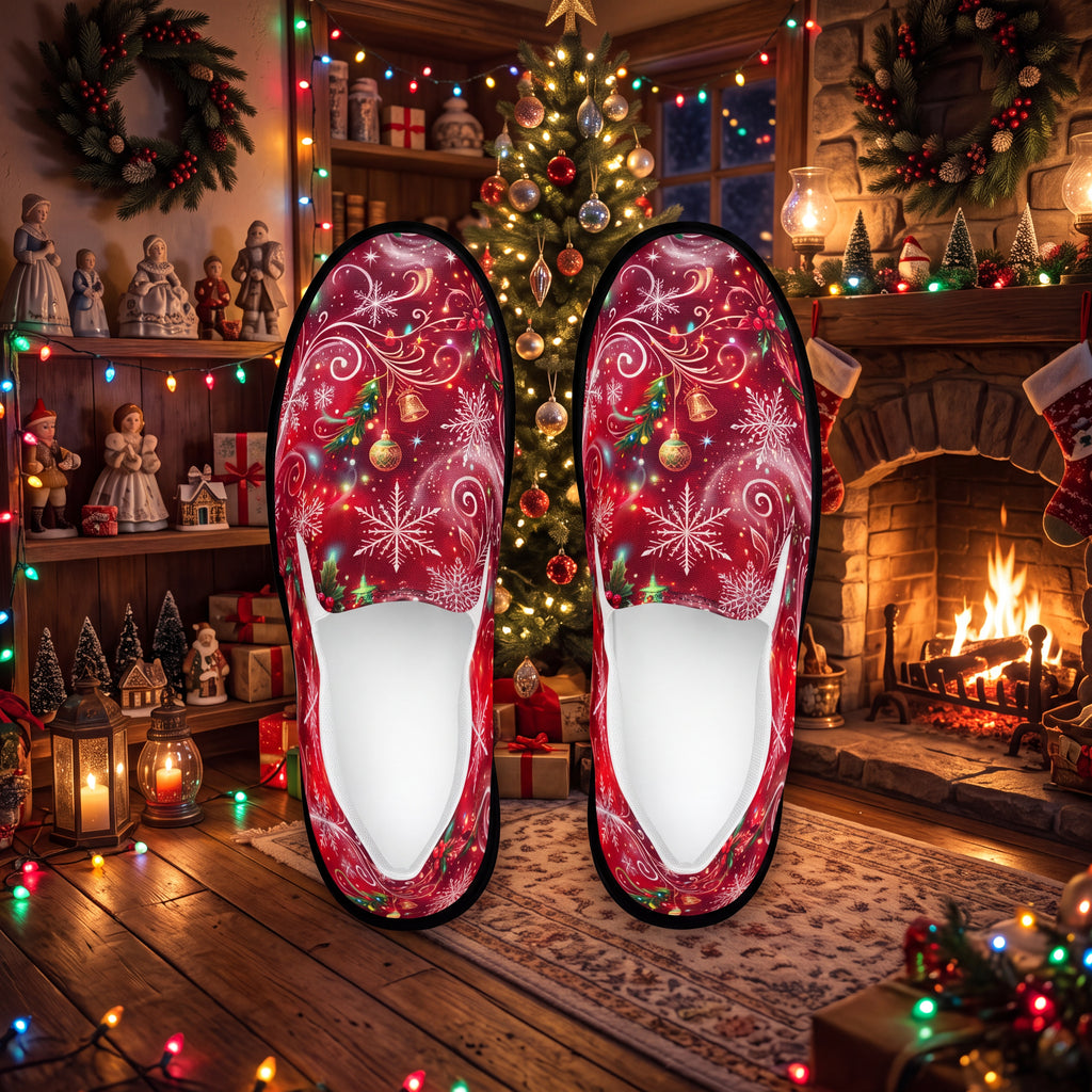 Women's Red Christmas Slip-On Shoes – Festive Snowflake & Gold Swirl Canvas Sneakers