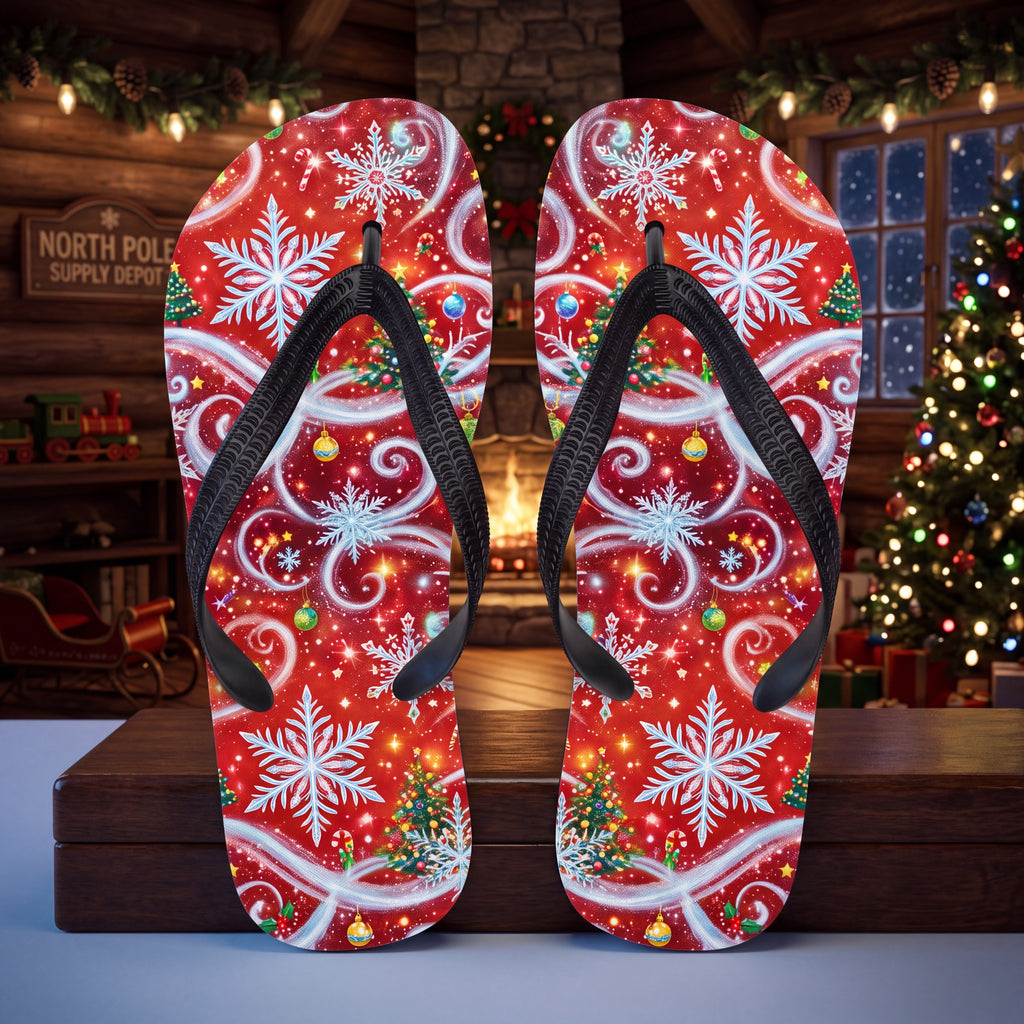 Christmas Snowflake Flip Flops | Red Festive Swirl Holiday Sandals