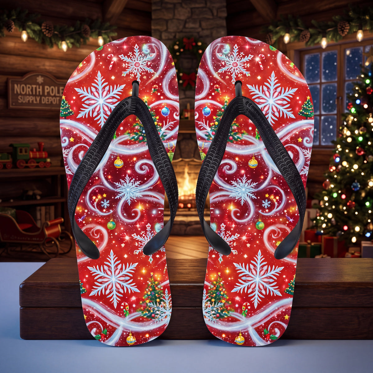 Christmas Snowflake Flip Flops | Red Festive Swirl Holiday Sandals
