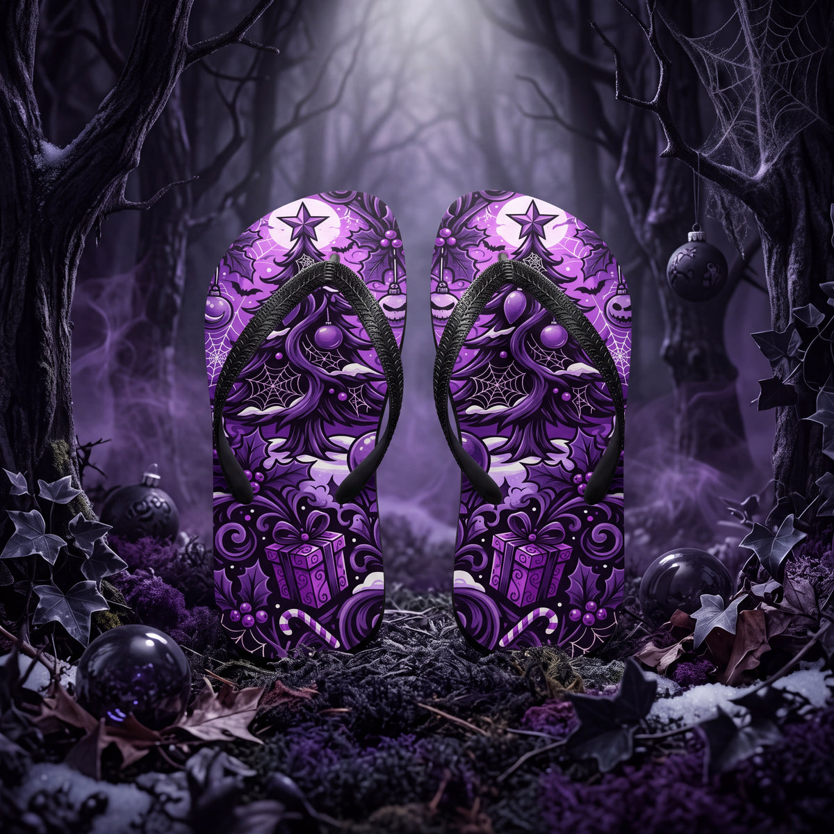 Purple Gothmas Flip Flops | Gothic Christmas Spooky Holiday Sandals