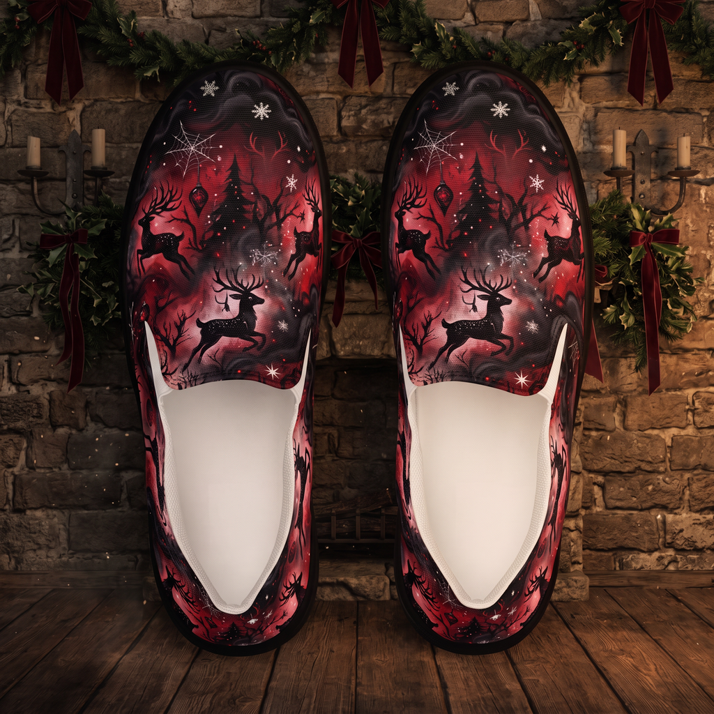 Women’s Gothic Christmas Reindeer Slip-On Shoes | Red & Black Gothmas Canvas Sneakers