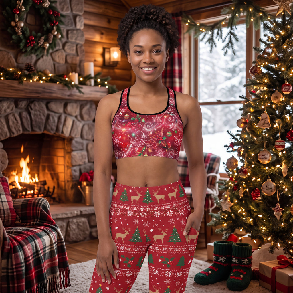 Christmas Snowflake Padded Sports Bra – Red Festive Swirl Racerback Workout Top