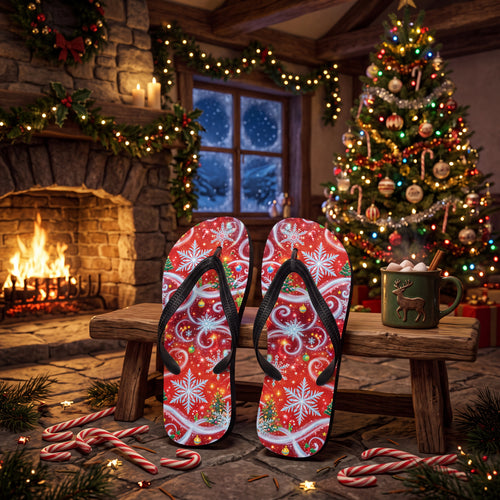Christmas Snowflake Flip Flops | Red Festive Swirl Holiday Sandals
