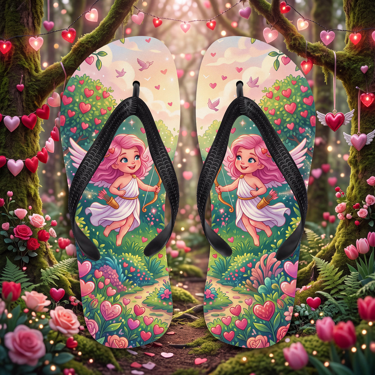 Cupid Girl Flip Flops - Pink Heart Garden Valentine Sandals