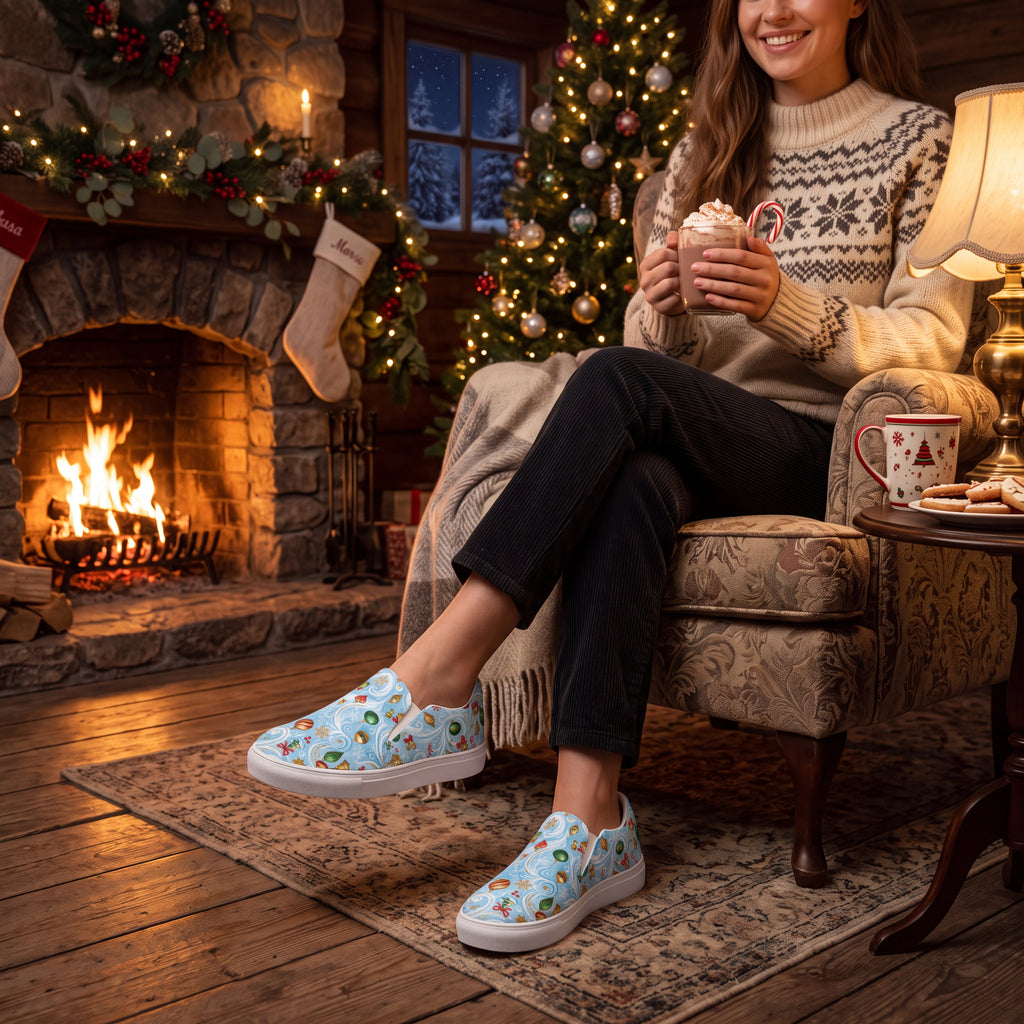 Women's Christmas Ornament Slip-On Shoes | Festive Blue Holiday Canvas Sneakers with Colorful Baubles & Snowflakes