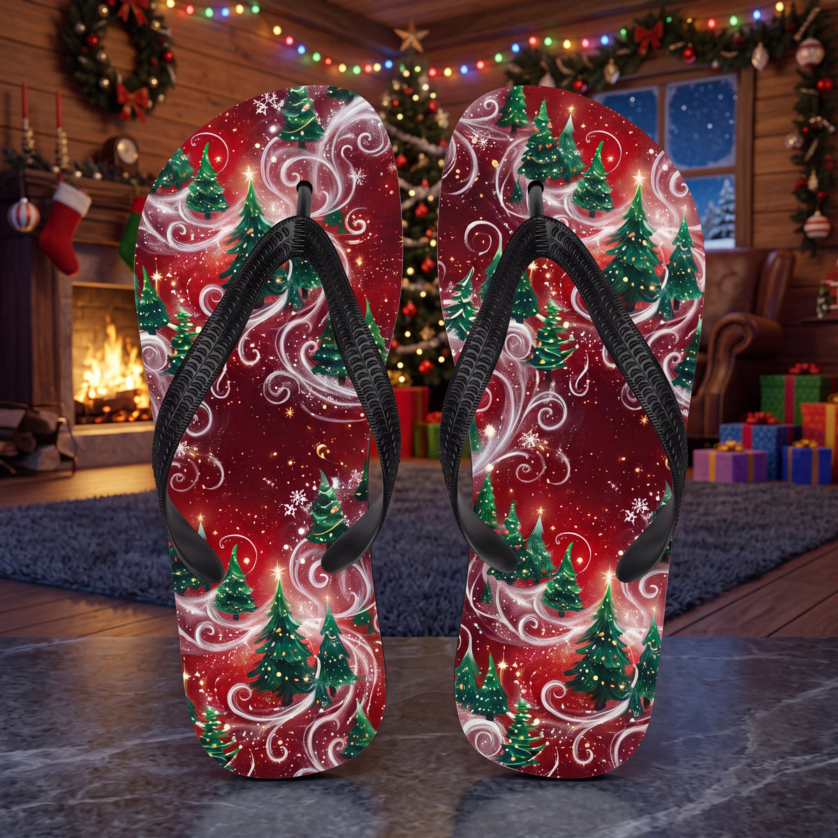 Christmas Tree Flip Flops | Red & Green Snowy Holiday Sandals