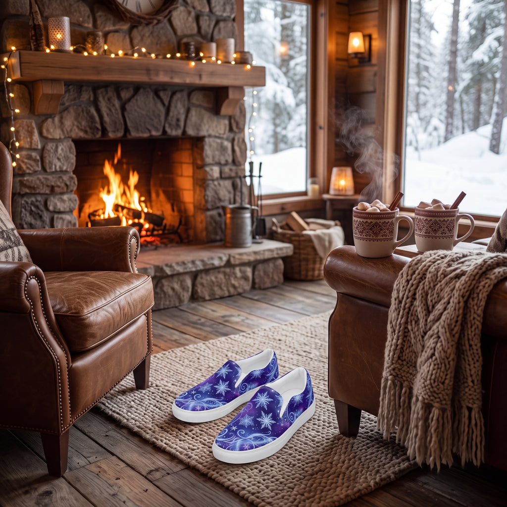 Women’s Winter Snowflake Slip-On Shoes – Purple Celestial Canvas Sneakers with Moon, Stars & Icy Swirls