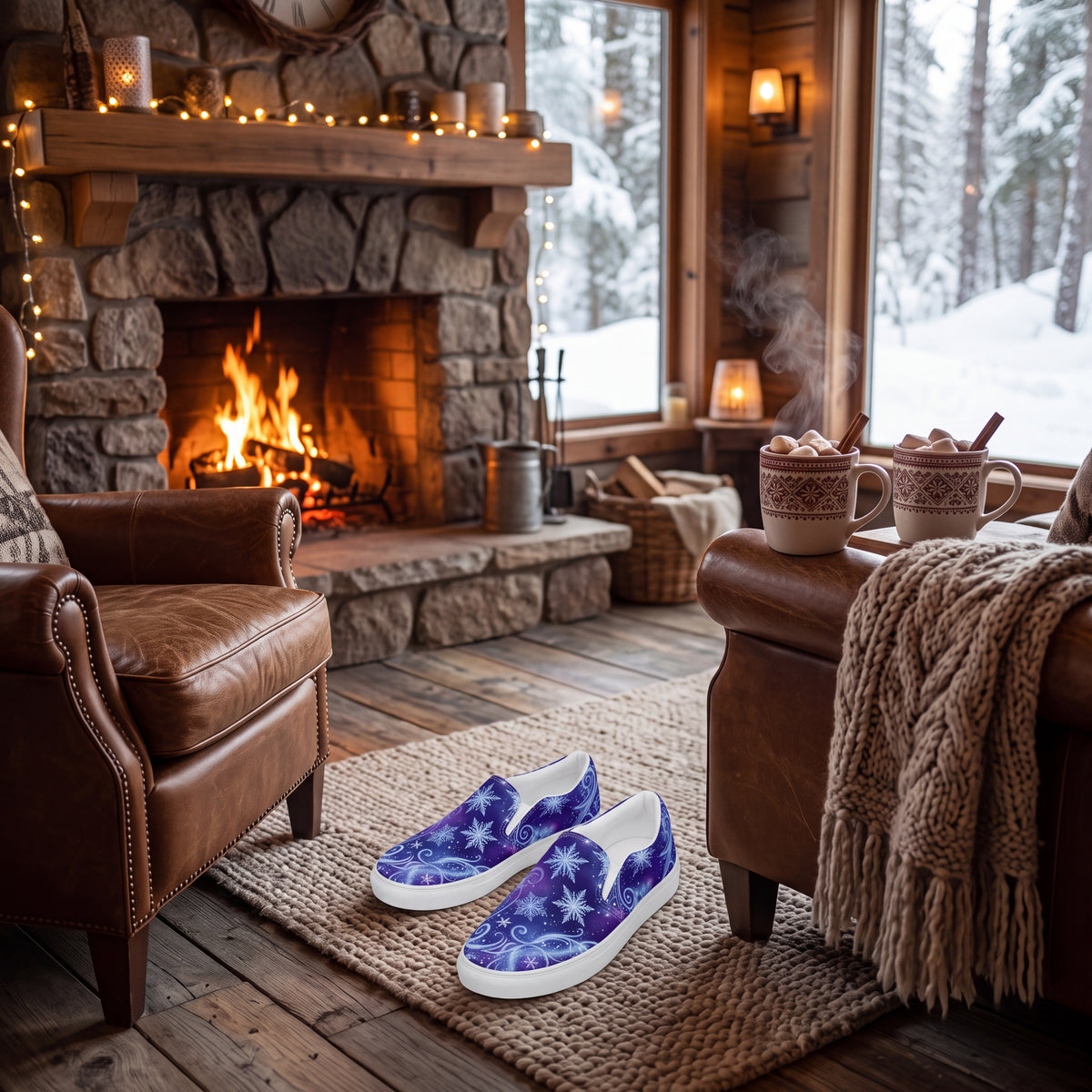 Women’s Winter Snowflake Slip-On Shoes – Purple Celestial Canvas Sneakers with Moon, Stars & Icy Swirls