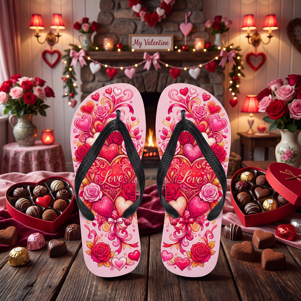 Valentine's Day Flip Flops – Pink Hearts and Roses Love Sandals