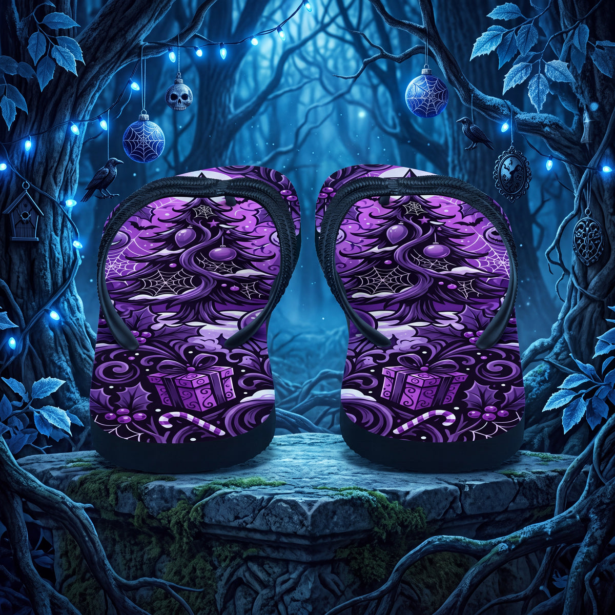 Purple Gothmas Flip Flops | Gothic Christmas Spooky Holiday Sandals