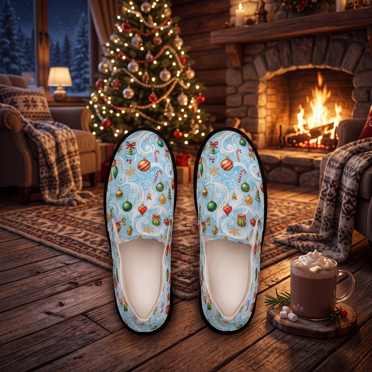 Women's Christmas Ornament Slip-On Shoes | Festive Blue Holiday Canvas Sneakers with Colorful Baubles & Snowflakes