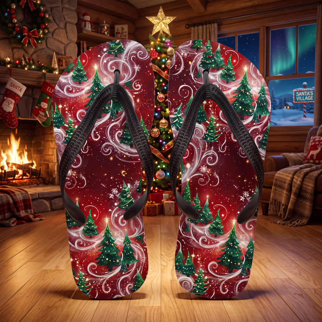 Christmas Tree Flip Flops | Red & Green Snowy Holiday Sandals