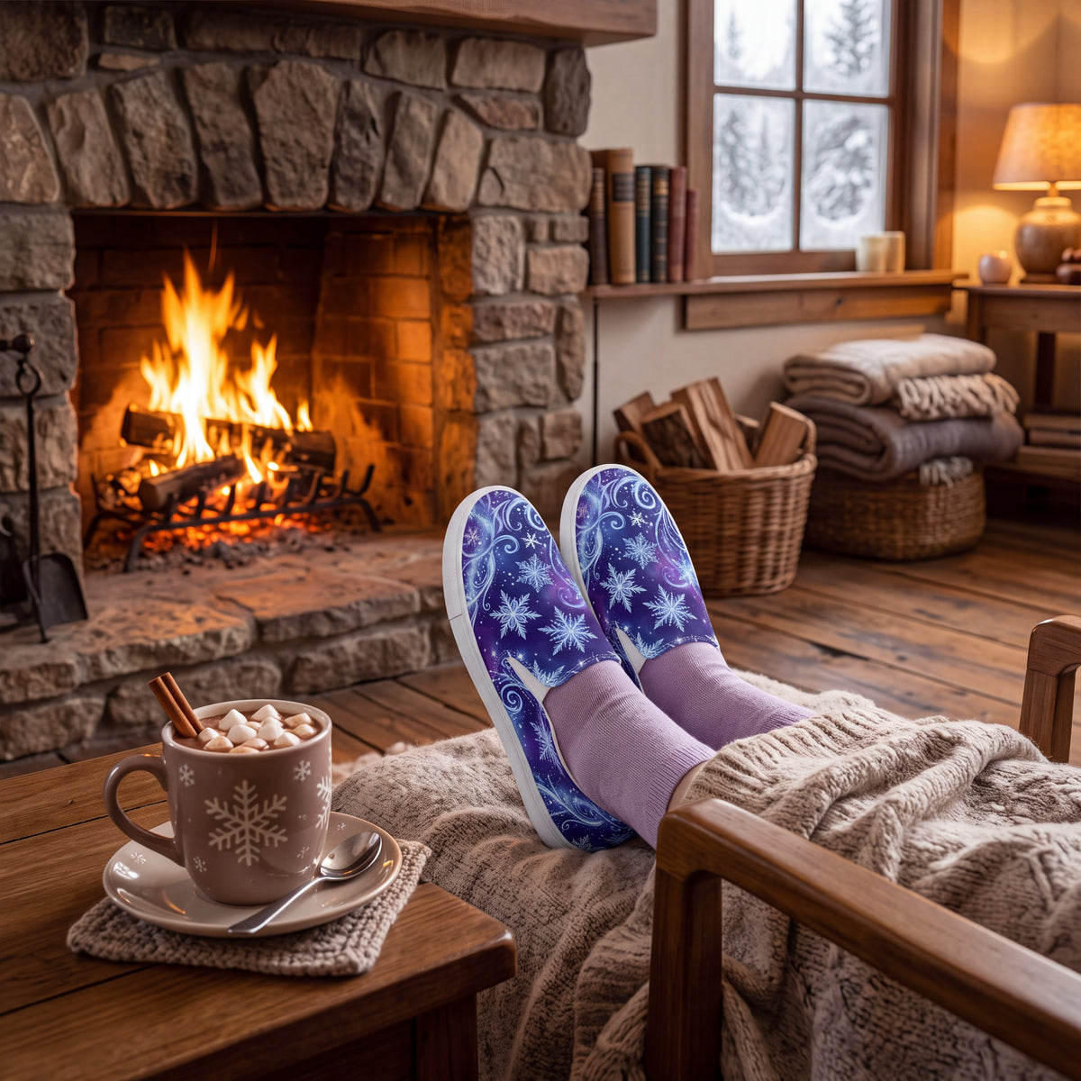 Women’s Winter Snowflake Slip-On Shoes – Purple Celestial Canvas Sneakers with Moon, Stars & Icy Swirls
