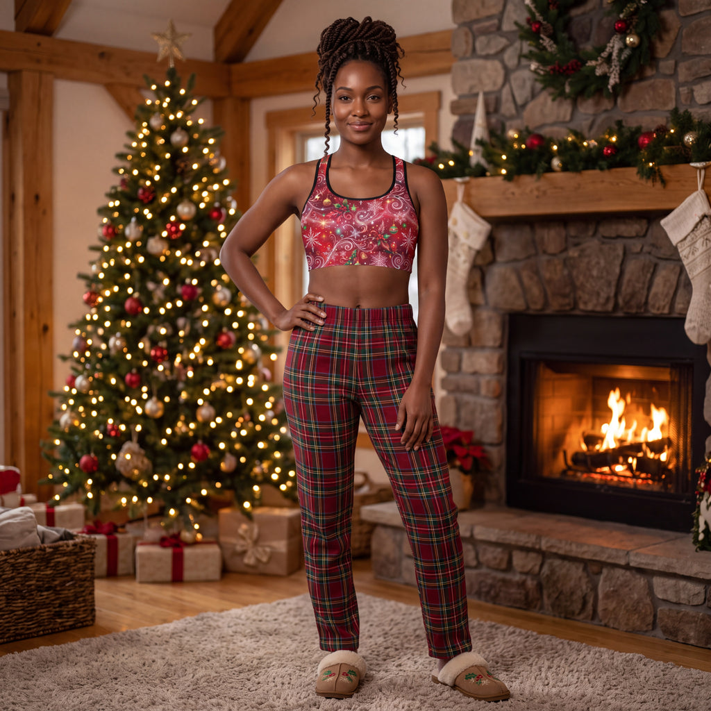Christmas Snowflake Padded Sports Bra – Red Festive Swirl Racerback Workout Top