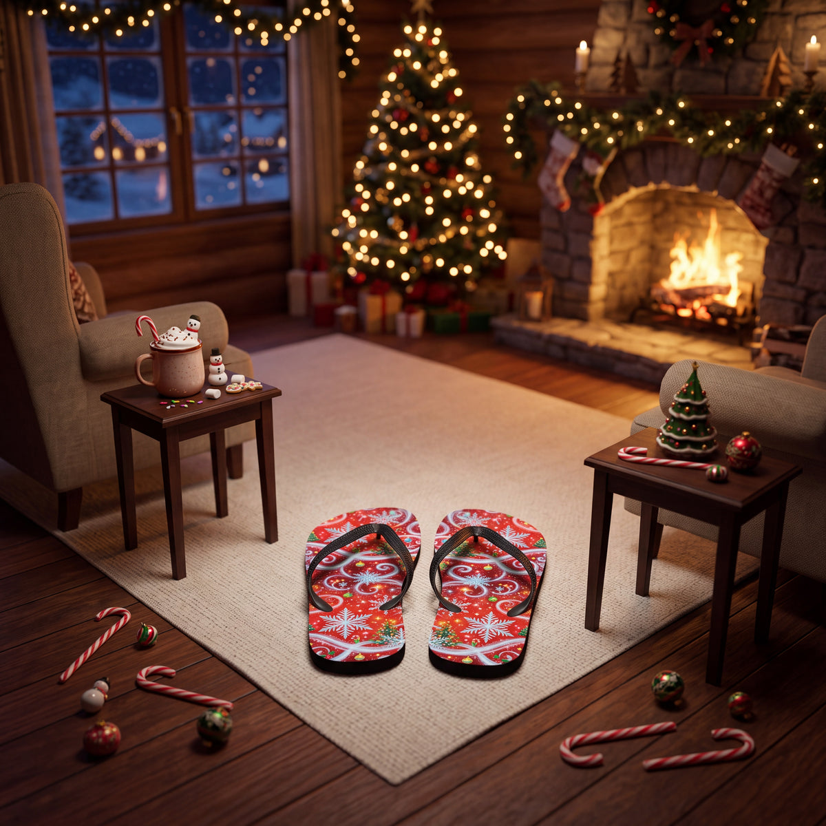 Christmas Snowflake Flip Flops | Red Festive Swirl Holiday Sandals