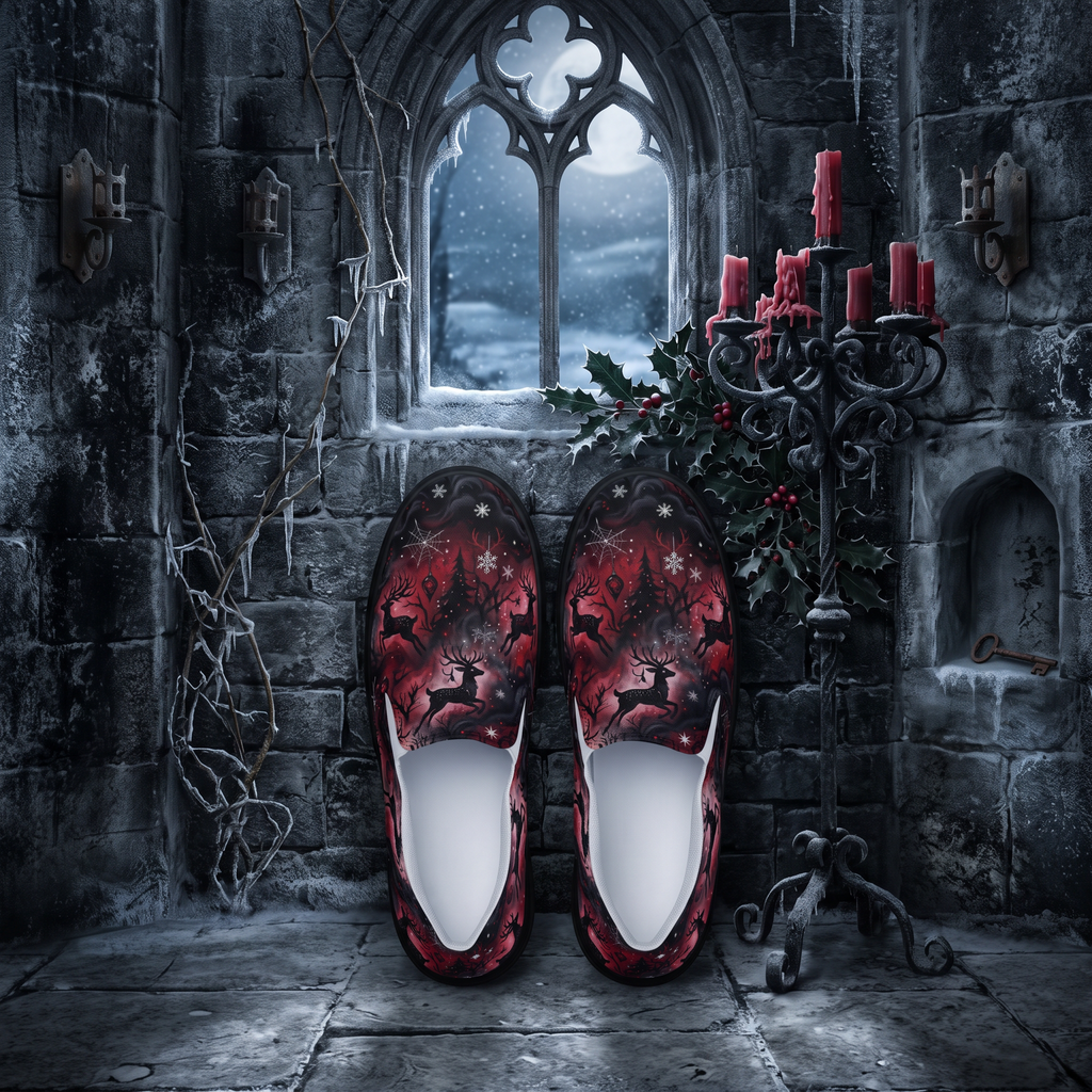 Women’s Gothic Christmas Reindeer Slip-On Shoes | Red & Black Gothmas Canvas Sneakers