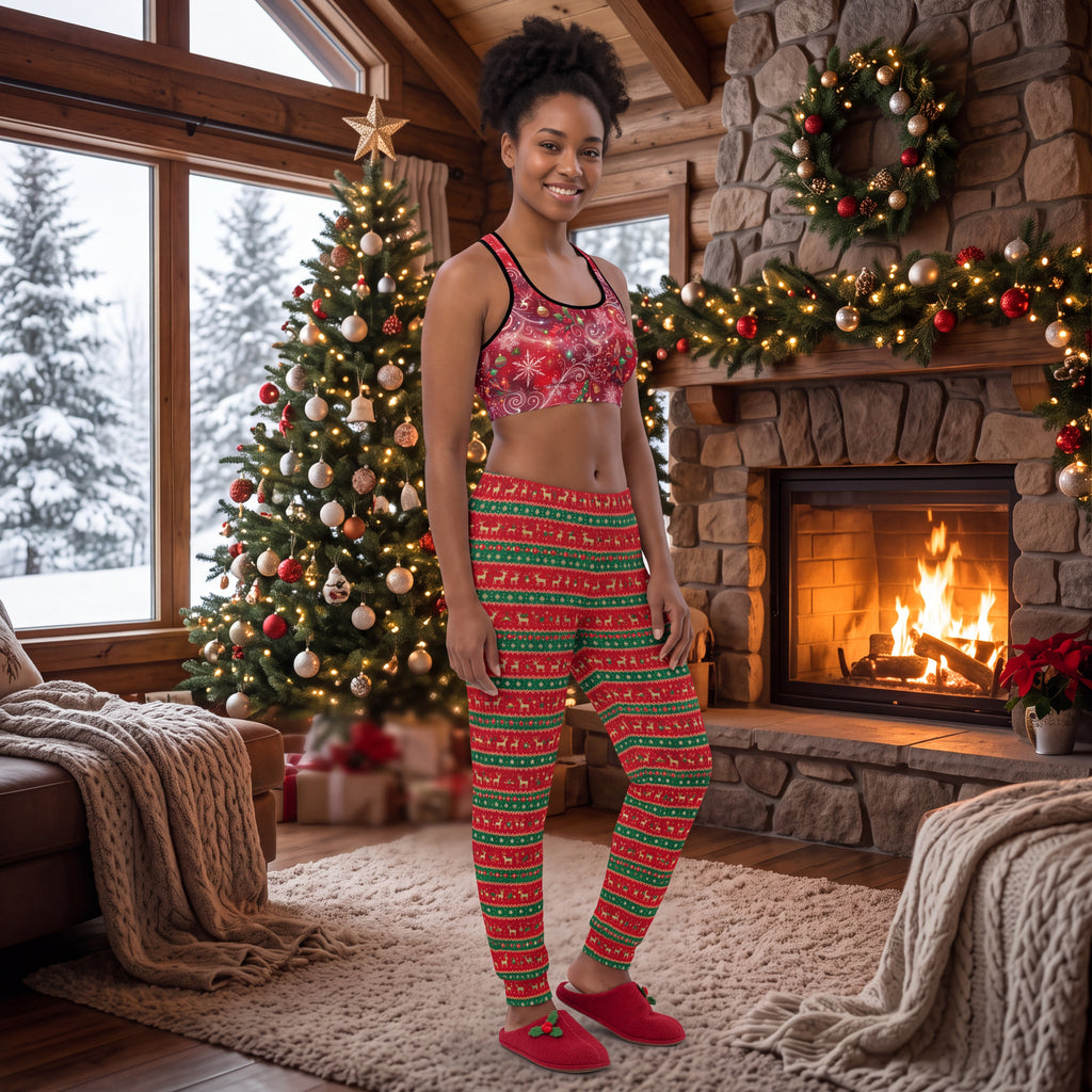 Christmas Snowflake Padded Sports Bra – Red Festive Swirl Racerback Workout Top