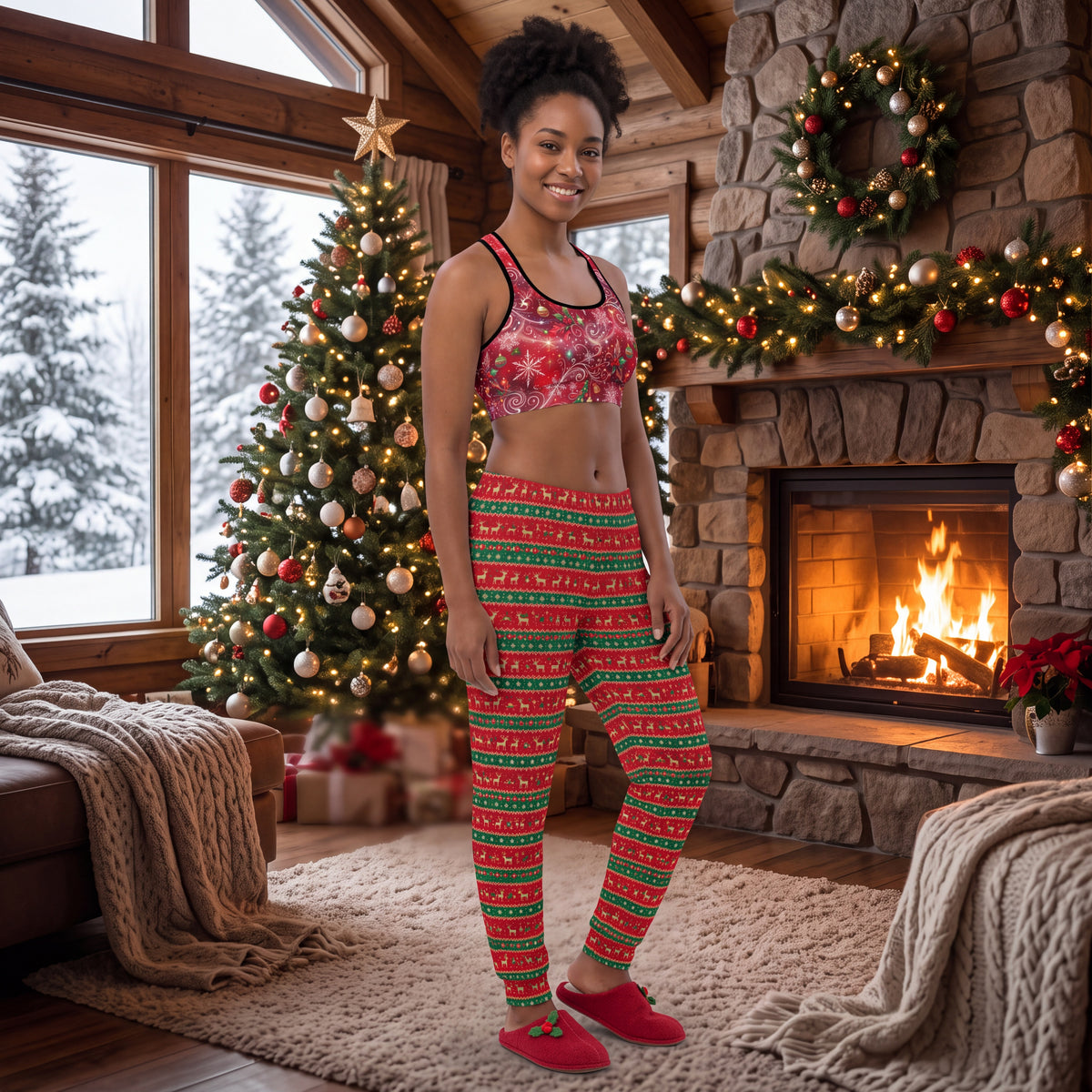 Christmas Snowflake Padded Sports Bra – Red Festive Swirl Racerback Workout Top