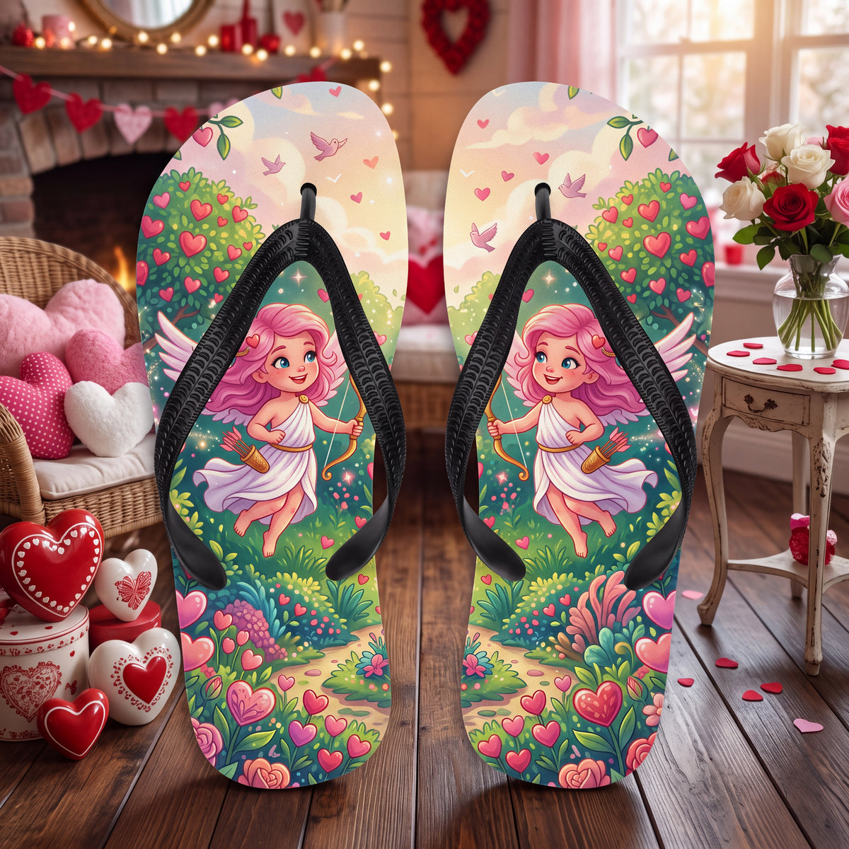 Cupid Girl Flip Flops - Pink Heart Garden Valentine Sandals