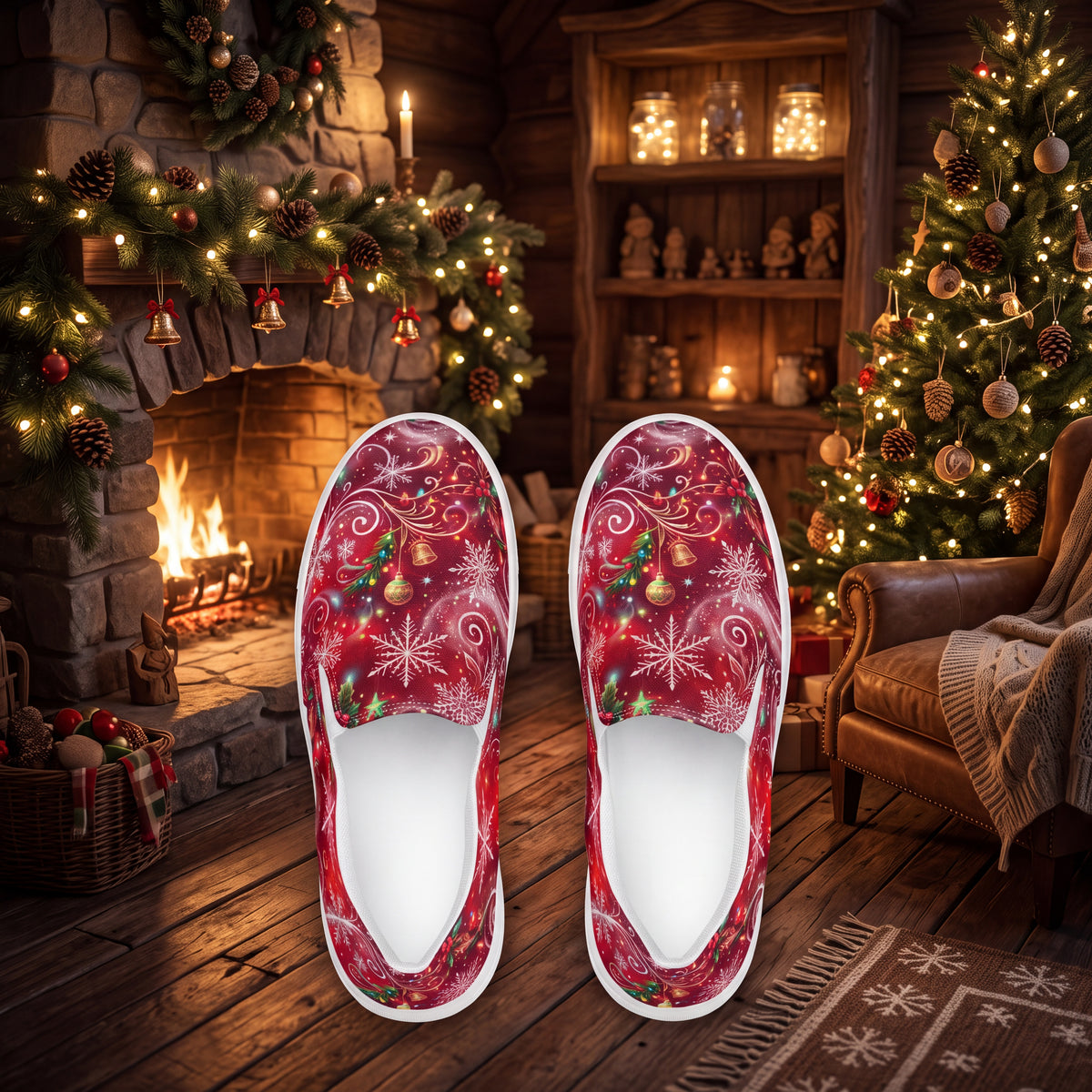Women's Red Christmas Slip-On Shoes – Festive Snowflake & Gold Swirl Canvas Sneakers