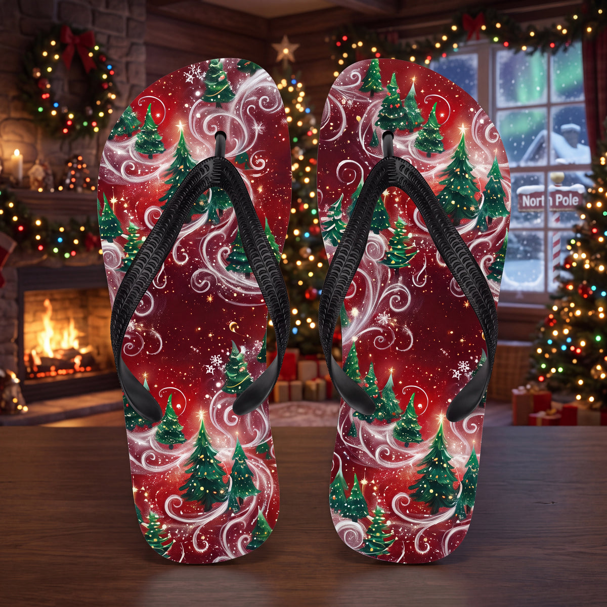 Christmas Tree Flip Flops | Red & Green Snowy Holiday Sandals