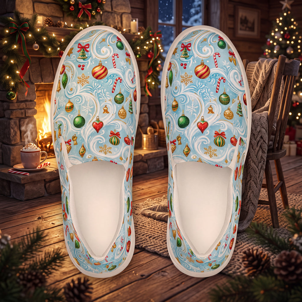 Women's Christmas Ornament Slip-On Shoes | Festive Blue Holiday Canvas Sneakers with Colorful Baubles & Snowflakes