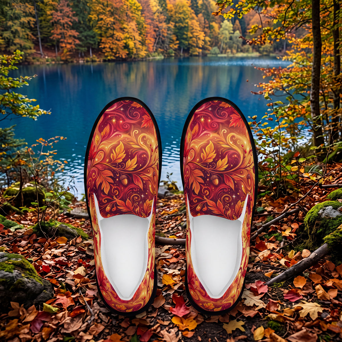 Women's Autumn Leaves Slip-On Shoes – Burnt Orange, Burgundy & Gold Fall Canvas Sneakers