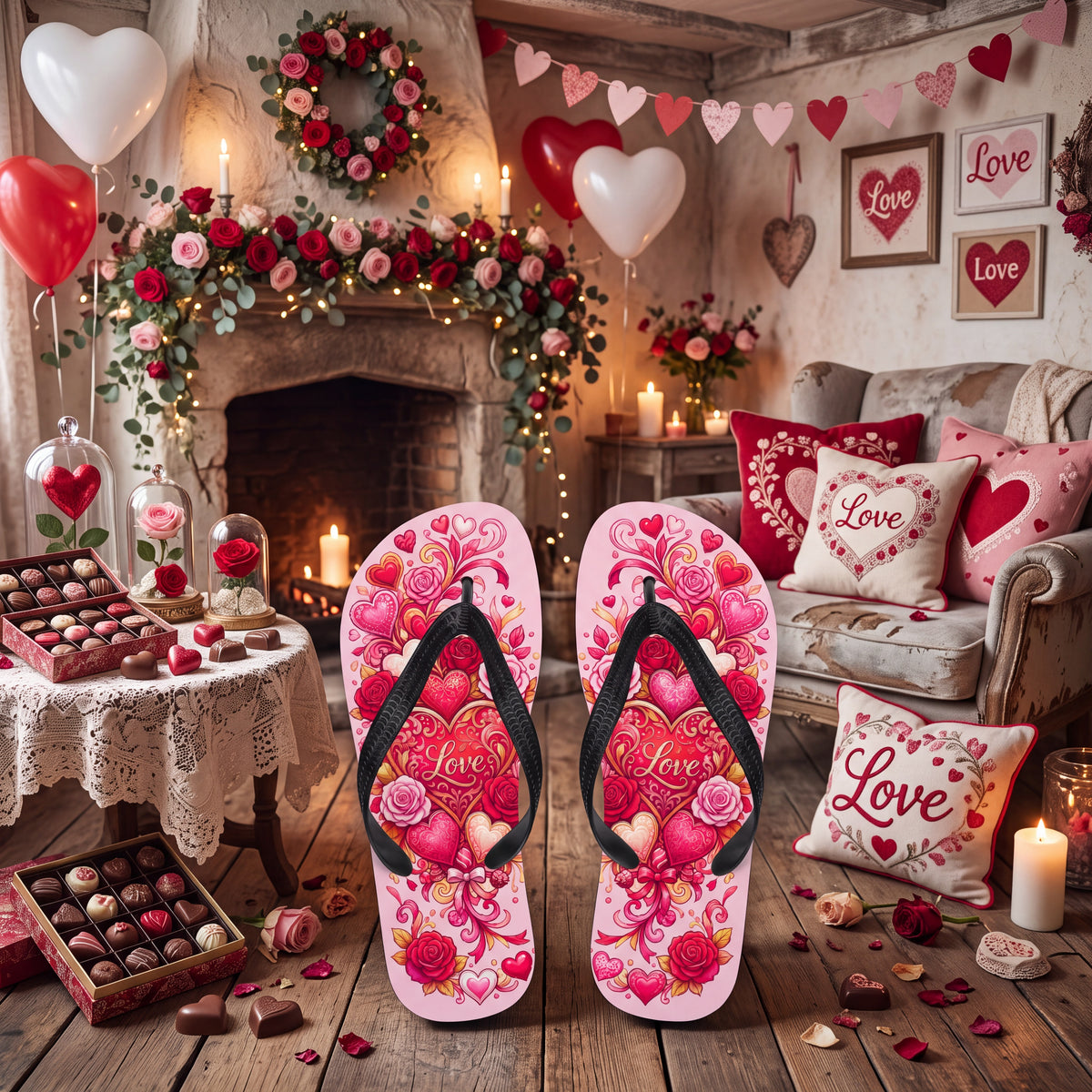 Valentine's Day Flip Flops – Pink Hearts and Roses Love Sandals
