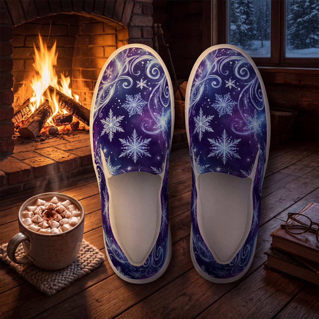 Women’s Winter Snowflake Slip-On Shoes – Purple Celestial Canvas Sneakers with Moon, Stars & Icy Swirls