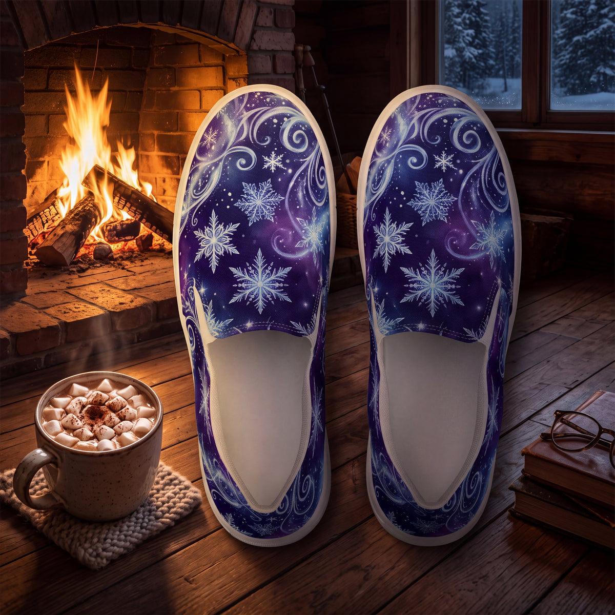 Women’s Winter Snowflake Slip-On Shoes – Purple Celestial Canvas Sneakers with Moon, Stars & Icy Swirls