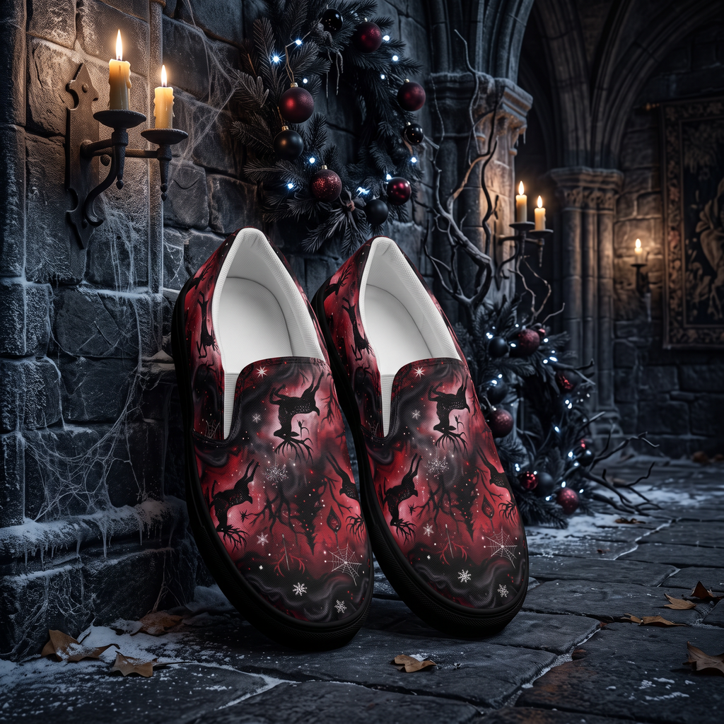 Women’s Gothic Christmas Reindeer Slip-On Shoes | Red & Black Gothmas Canvas Sneakers