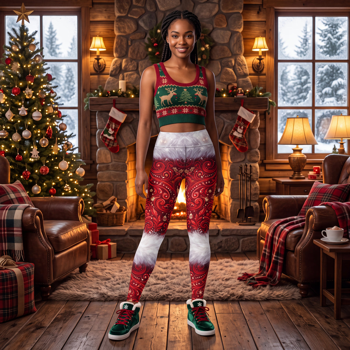 Christmas Yoga Leggings – Red Paisley Santa-Inspired Holiday Print