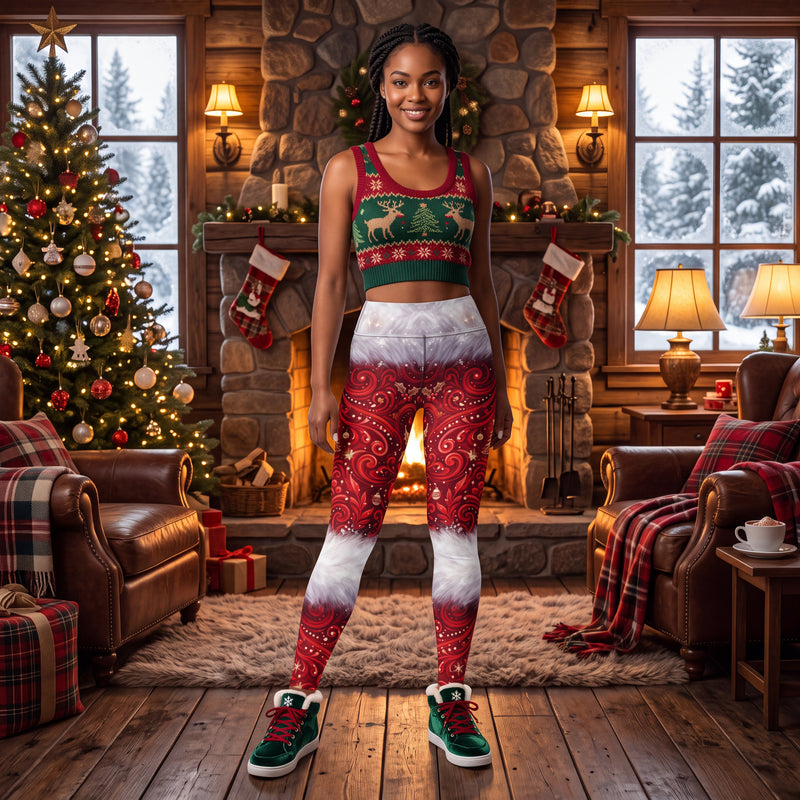 Christmas Yoga Leggings – Red Paisley Santa-Inspired Holiday Print